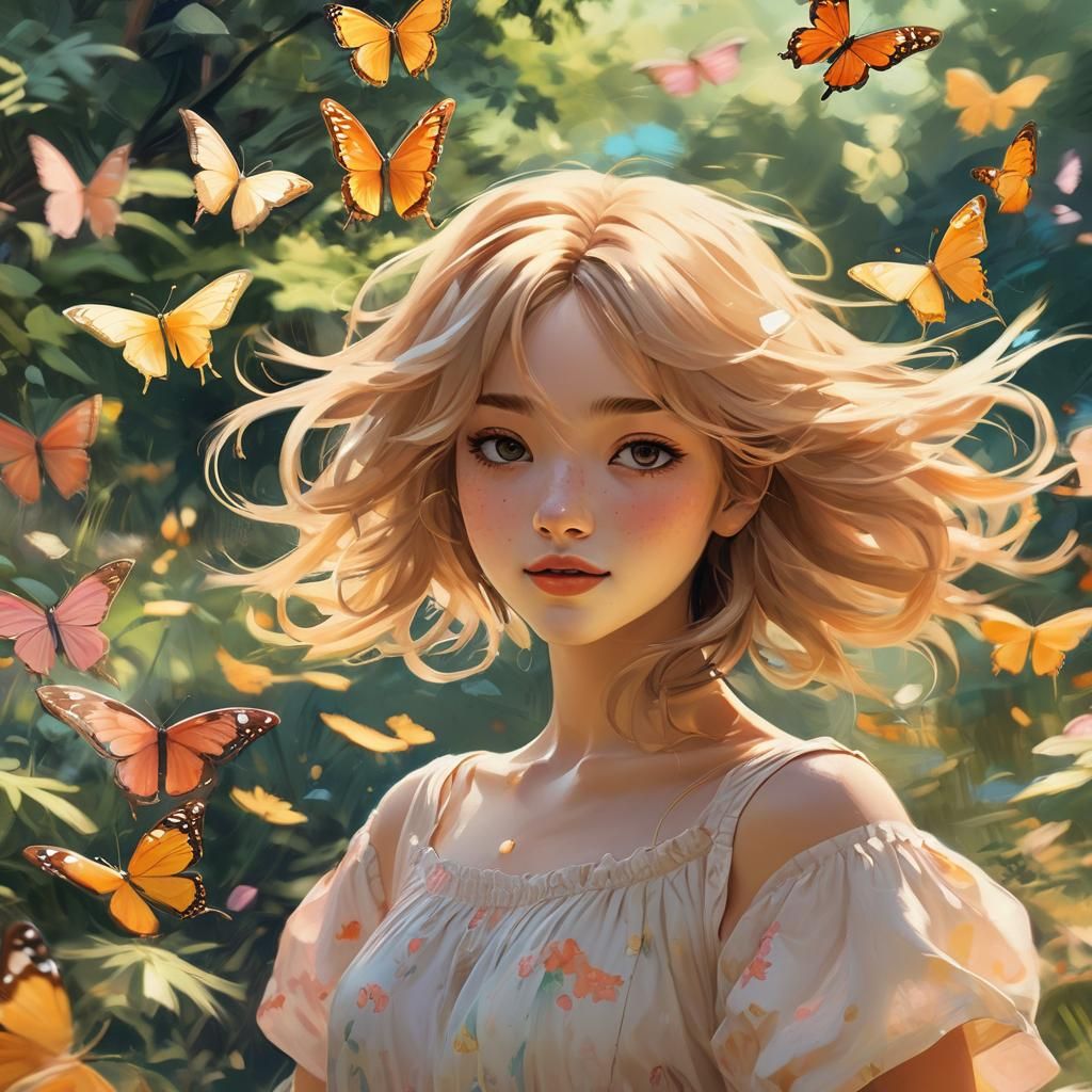 Anime Girl with Butterflies: Impressionist Digital Art