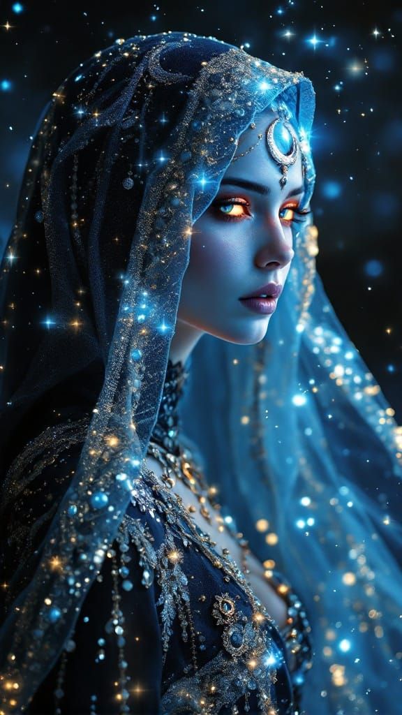 Ethereal Cosmic Priestess in Starry Veil