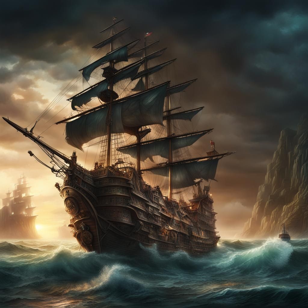 Epic Pirate Ship Emerges from Book: Digital Matte Painting