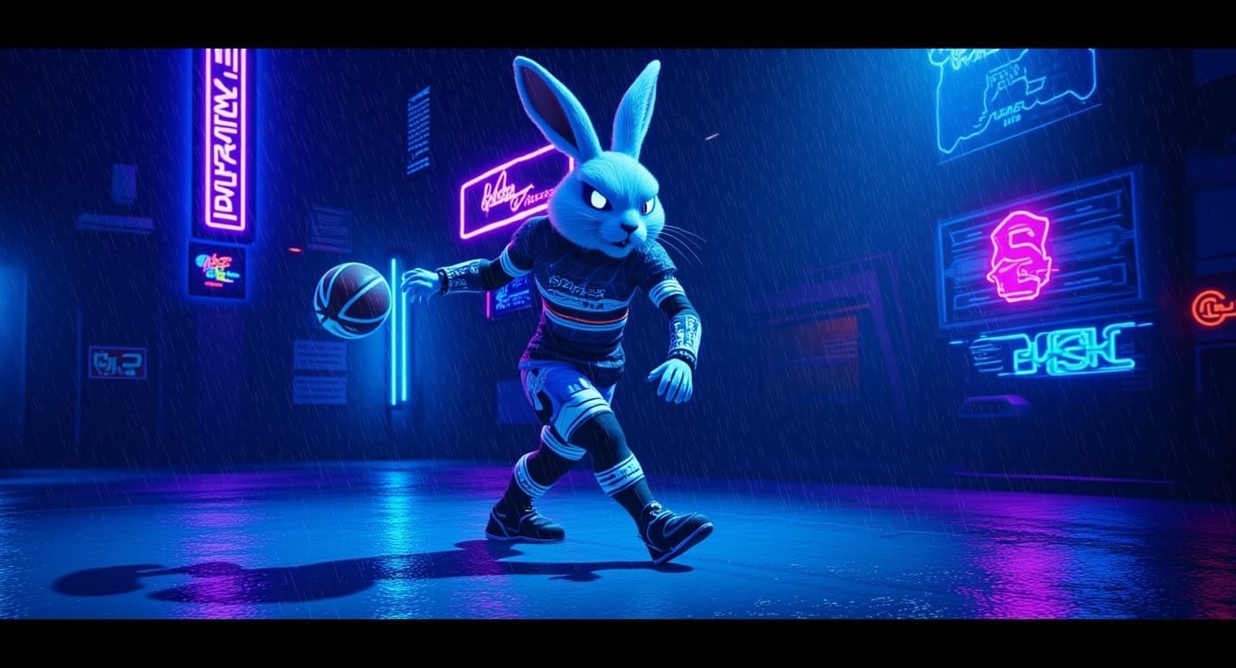 Cyberpunk Rabbit Plays Streetball on Neon Court