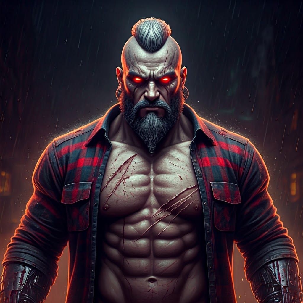 Cyberpunk Warrior in Dark, Rain-Soaked Street