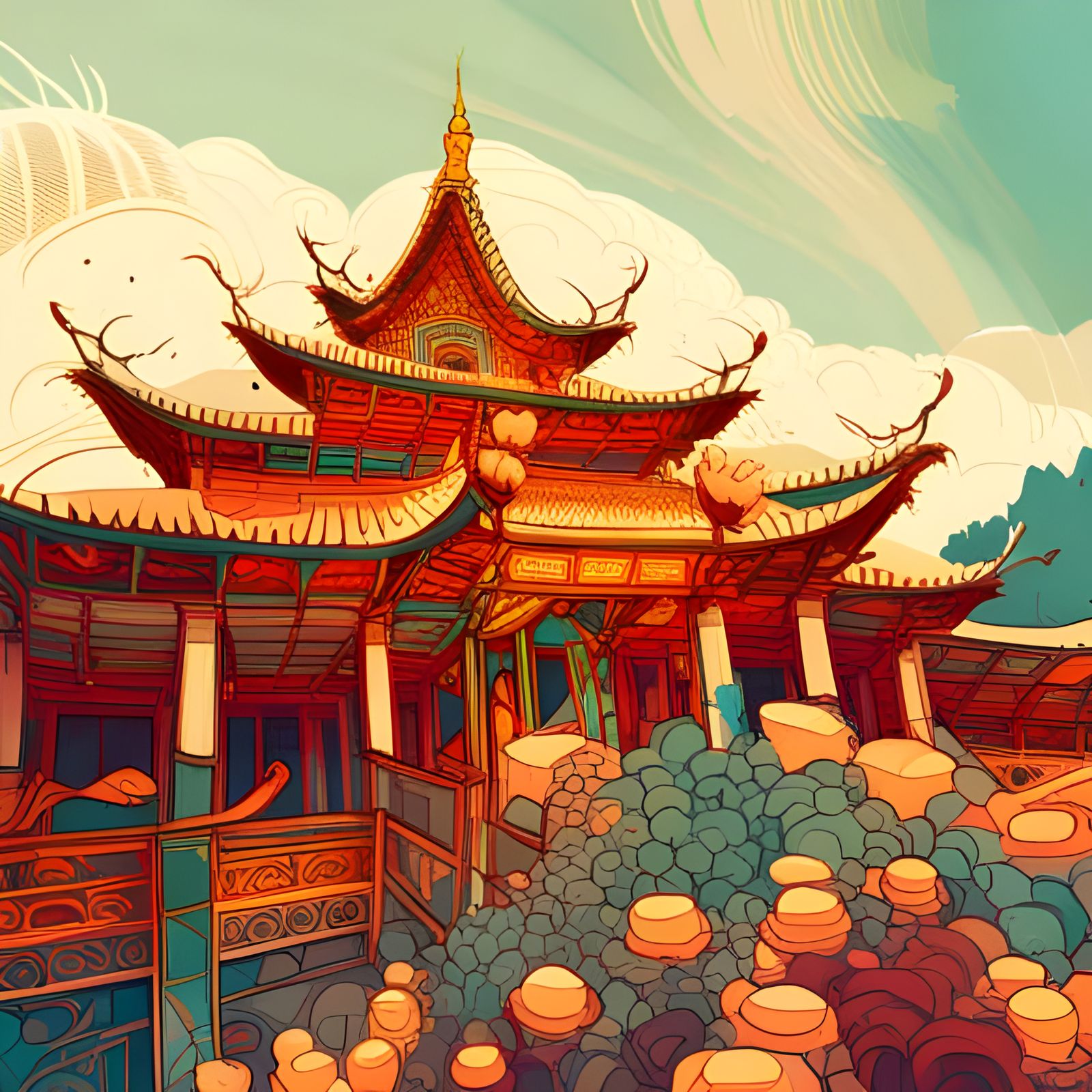 Colourful Chinese Temple with Golden Outlines