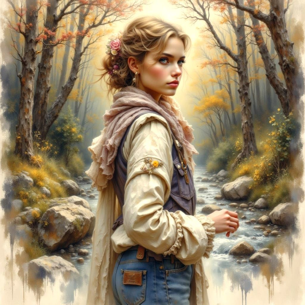 Ethereal Woman in Forest by Riverbend, Monet Style