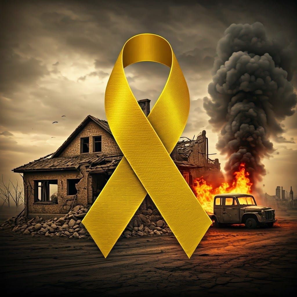 Yellow Ribbon of Hope Amidst War's Ruins