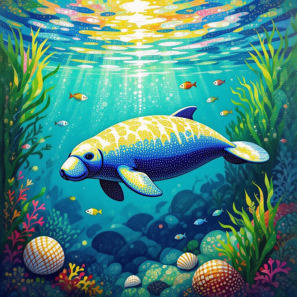 Pointillist Manatee Swimming in Vibrant River