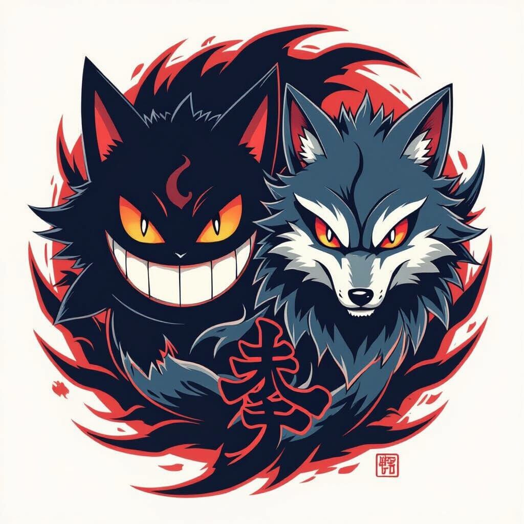 Gengar and Wolf Neo-Traditional Tattoo Concept