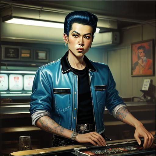 Space Prince Drag King: 1950s Greaser Oil Painting