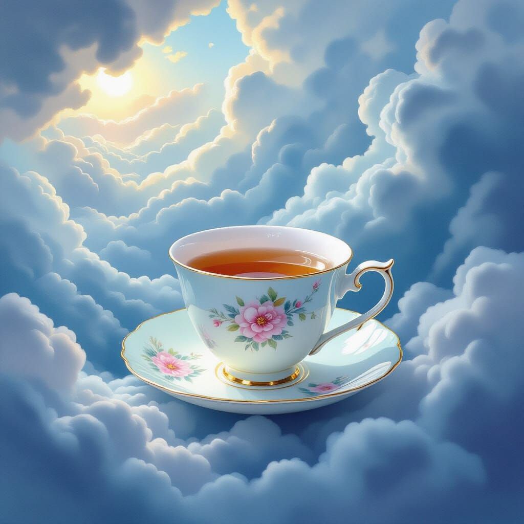 Whimsical Teacup in Stormy Clouds, Watercolor Art