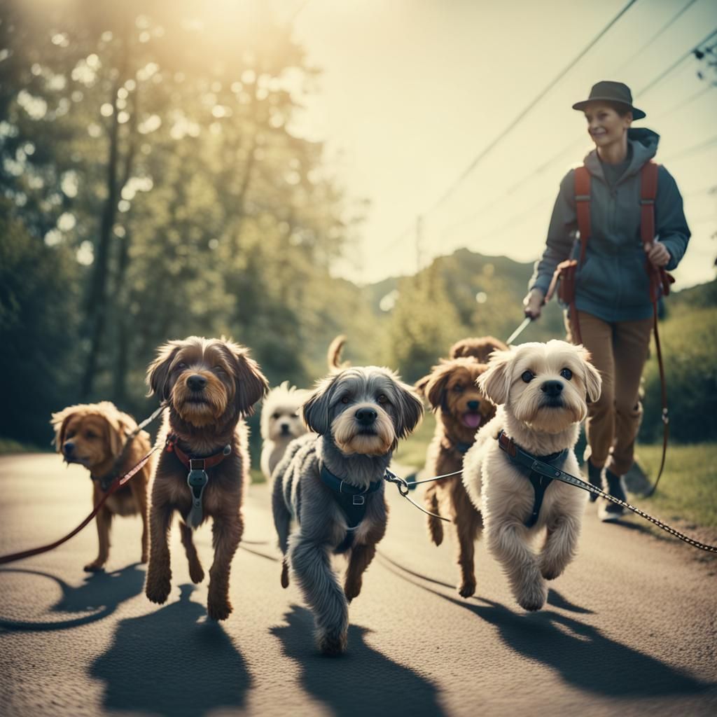 5 cute dogs on leashes going for a walk