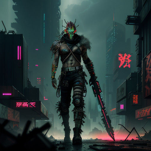 Cyberpunk Warrior in Neon-Lit Desolation