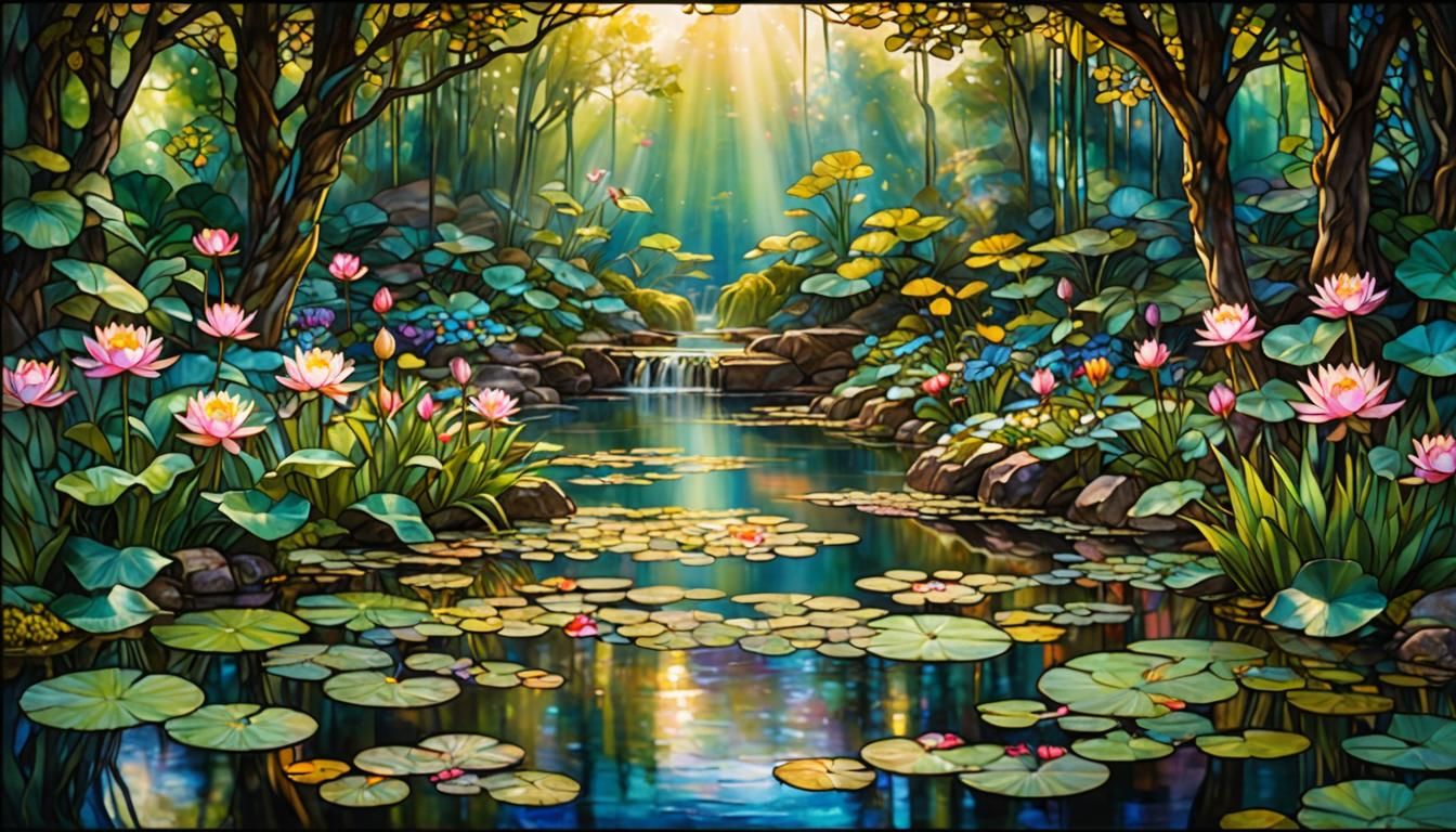 Luminous Pond with Water Lilies in Stained Glass Style