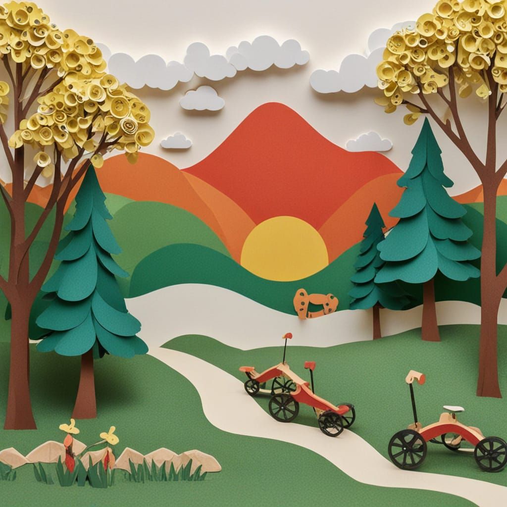 Playful 3D Paper Collage of Children at a Playground