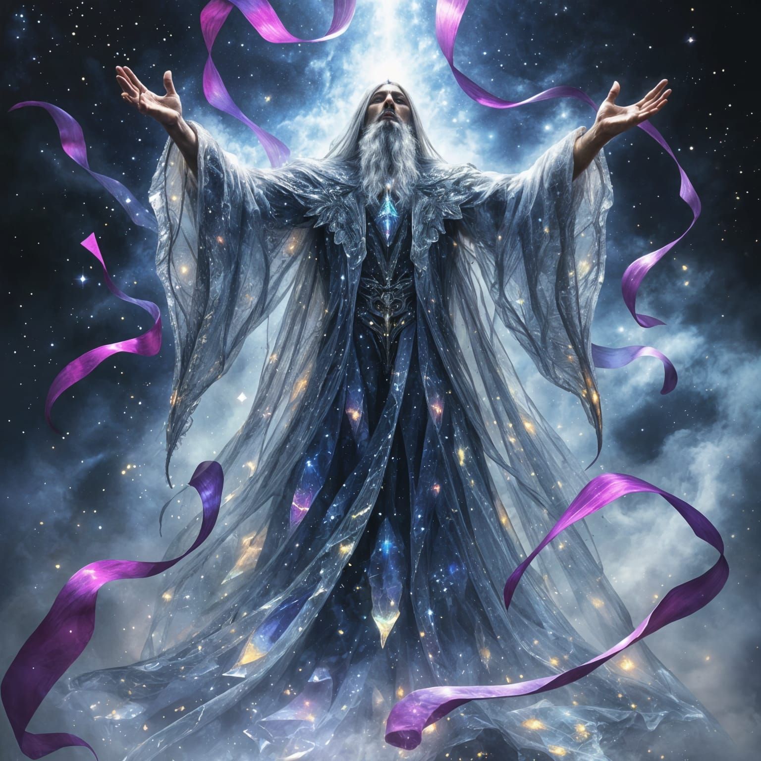 Ethereal High Priest in Crystal Glass Robe Amidst Galaxy