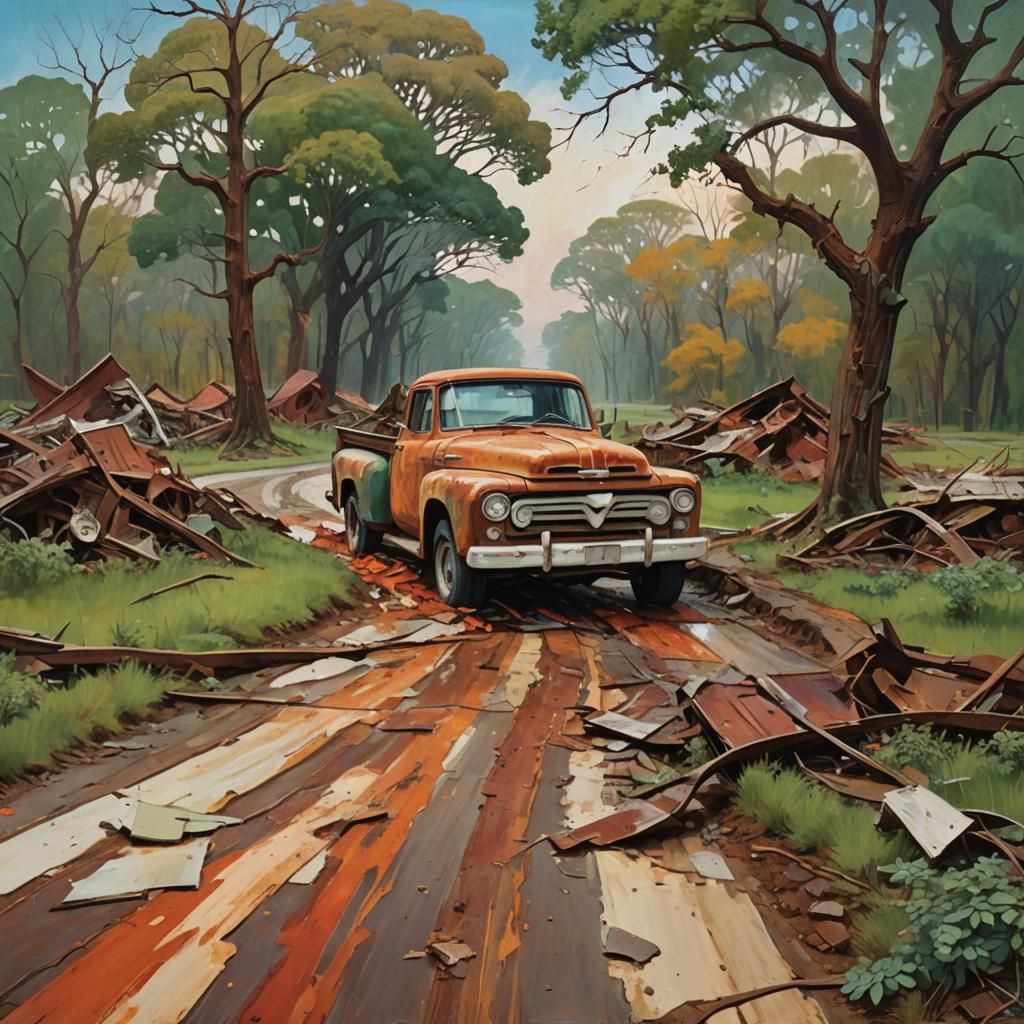 Tornado Devastation on Country Road in Digital Painting