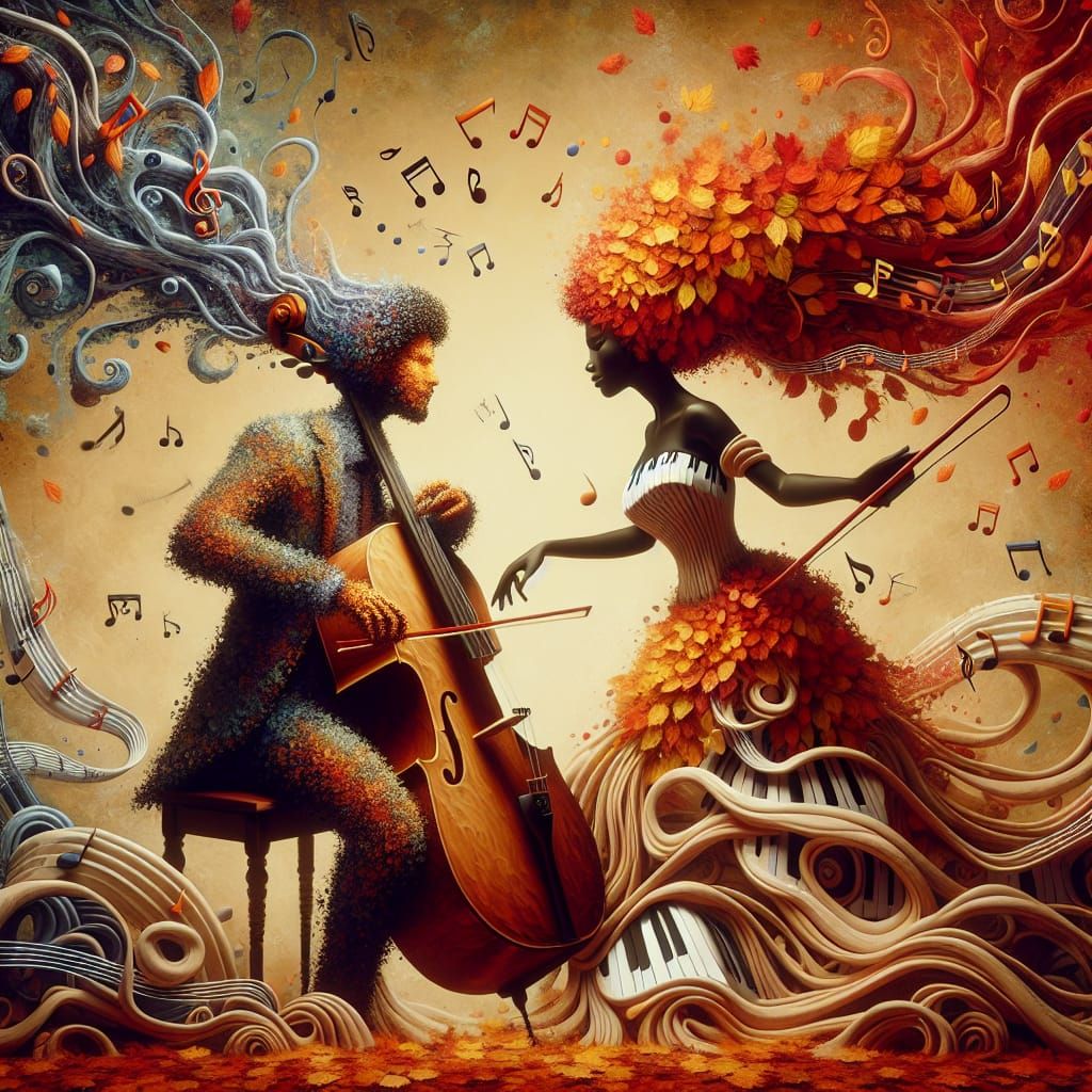 Whimsical Cello Couple in Autumn Wonderland