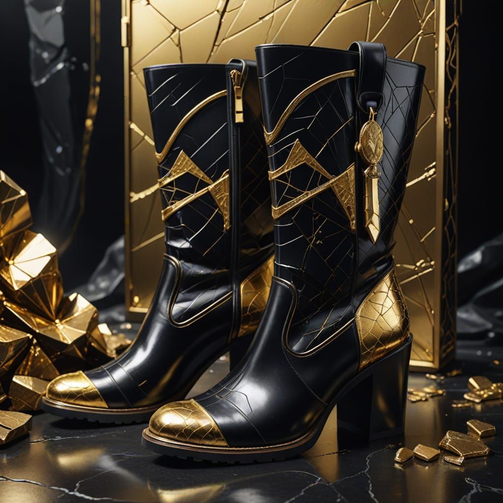 Black Kintsugi Boots and Handbag with Art Deco Flair
