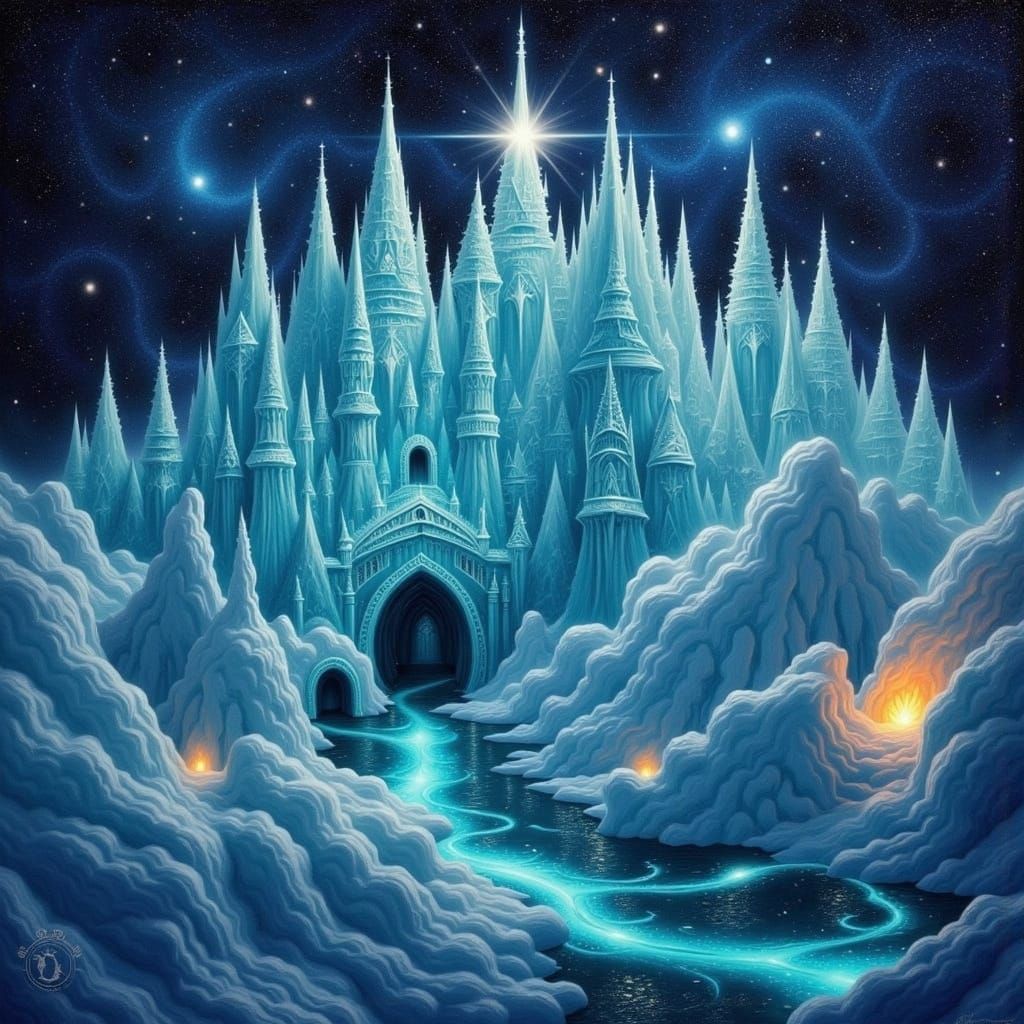 Magical Blue Ice City in Darkness