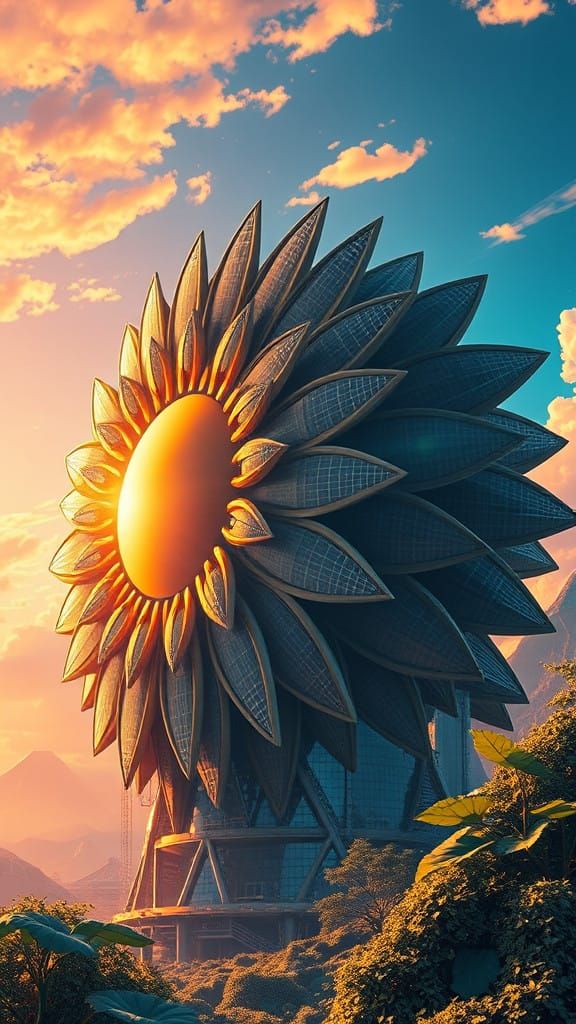 Solarpunk biomorphic block of flats in the shape of a sunflower with the leaves as solar panels
