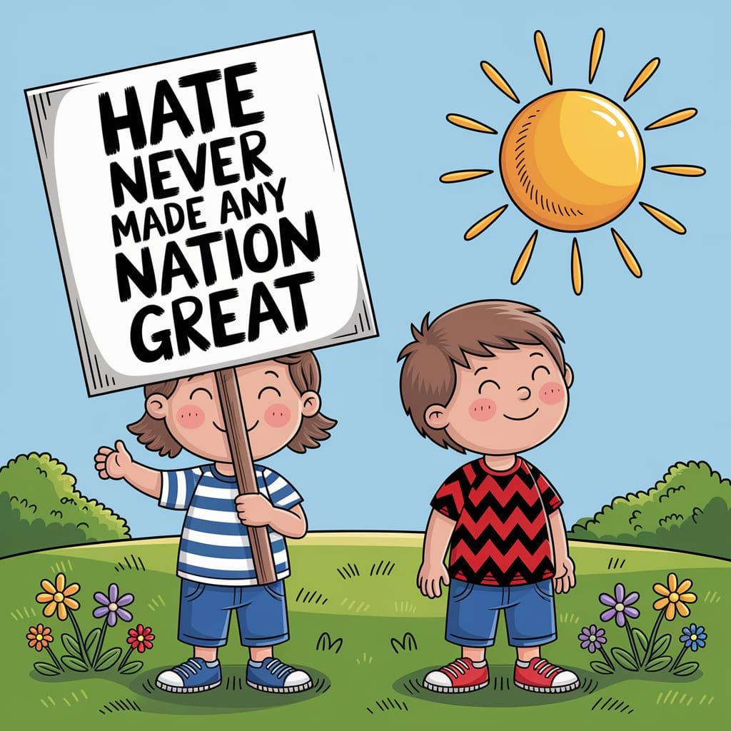 Whimsical Children Stand for Unity in a Colorful Cartoon Lan...