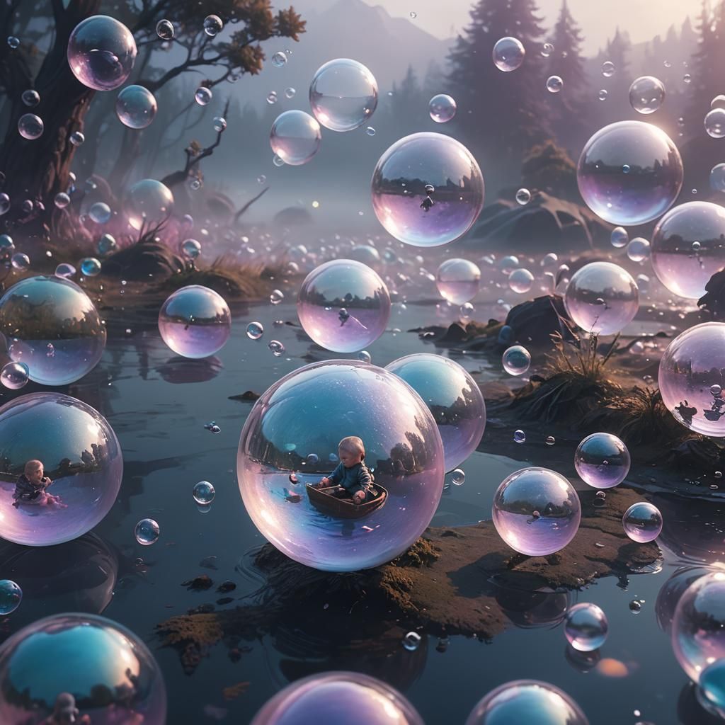 Babies Floating in Iridescent Bubbles: Fantasy Concept Art