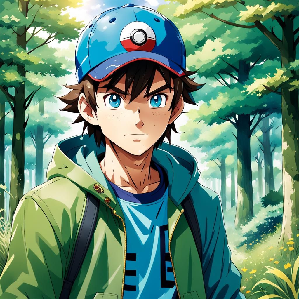 Anime Style Pokémon Trainer with Blue Hat