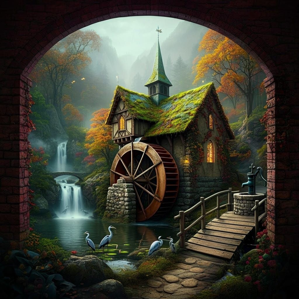 Medieval Waterwheel in Mysterious Autumn Night