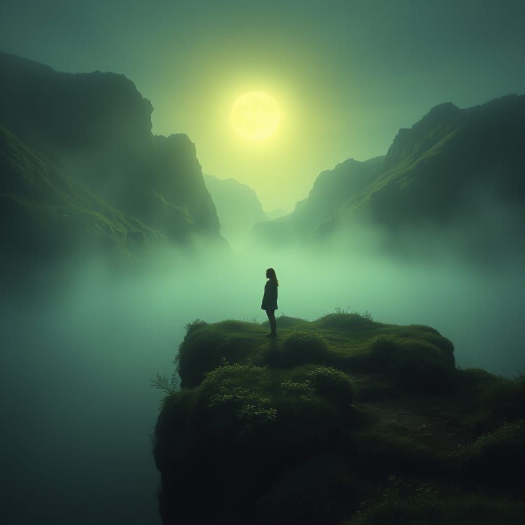 Ethereal Moonlight Silhouette on Misty Cliff