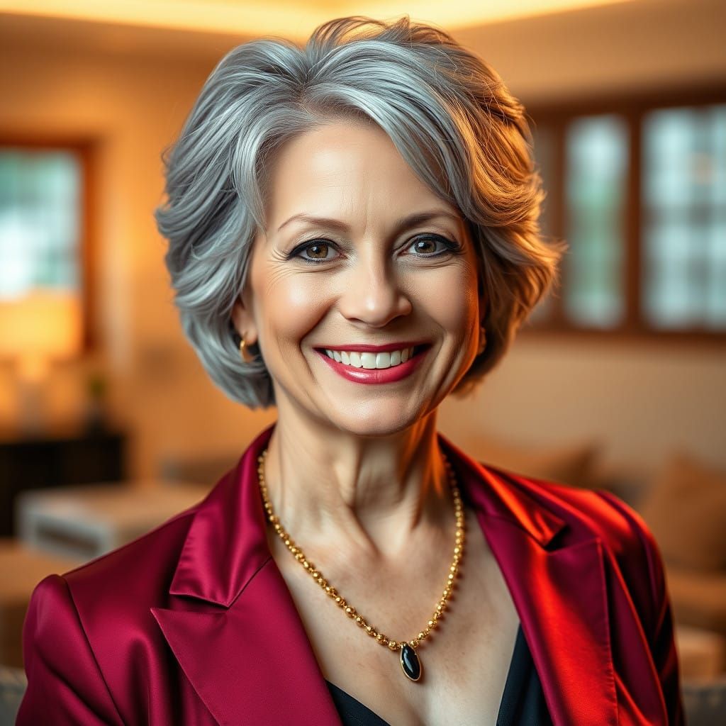 Radiant Mature Woman in Crimson Blazer