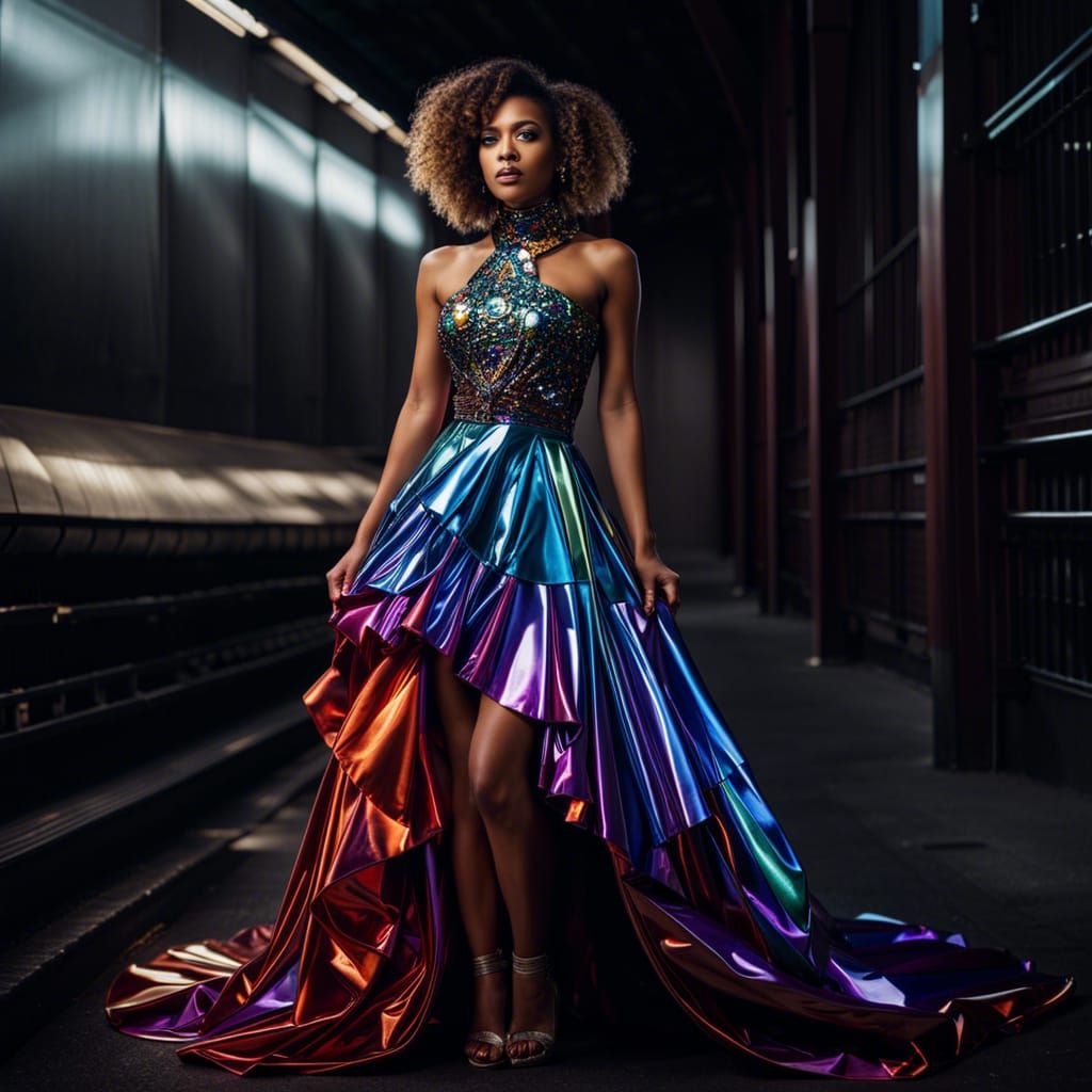 Fashion Model in Multichromatic Shiny Dress