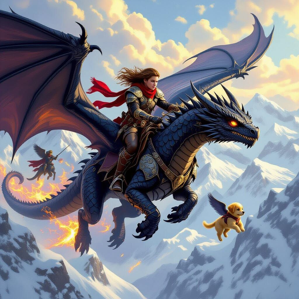 Dragon Rider Soaring Through Mountains in Dark Fantasy Art
