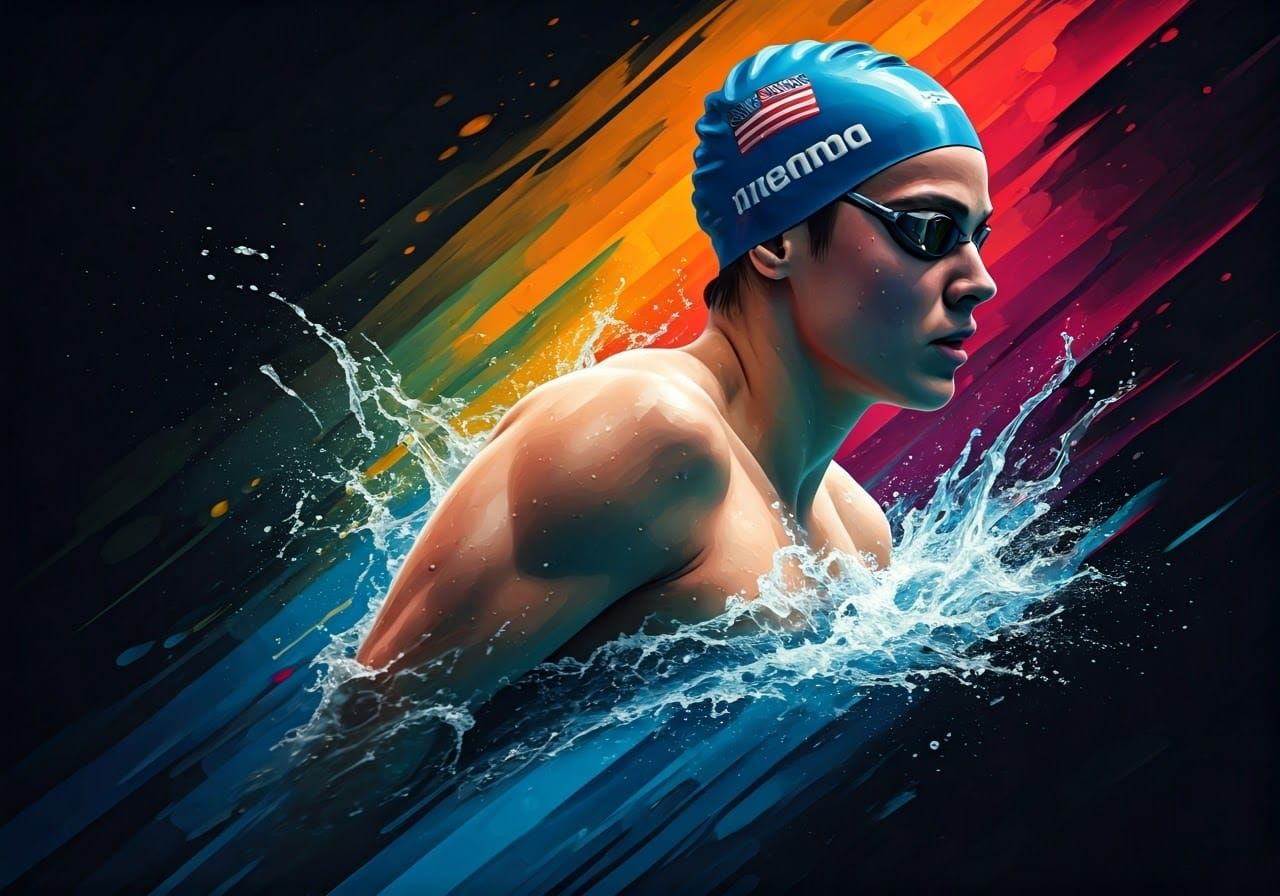 Paralympic Amputee Swimmer in Hyperrealistic Splash Art