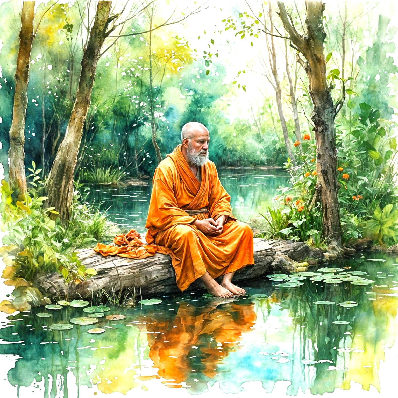 Monk Meditating by Glowing Pond in Enchanted Forest
