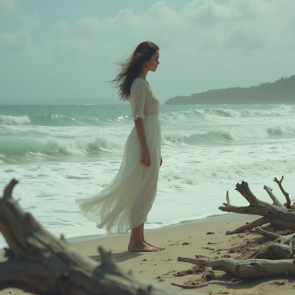 Mysterious Woman on Driftwood-Laden Shore