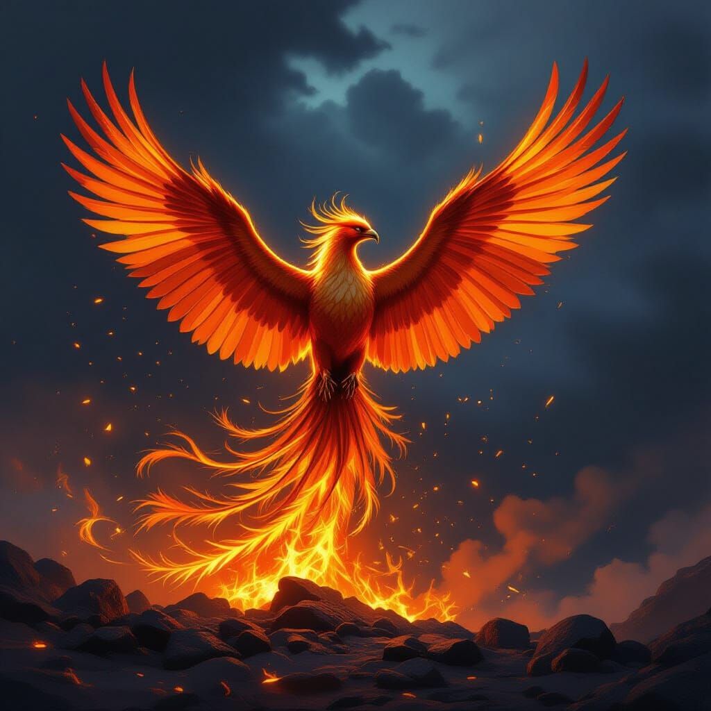 Majestic Phoenix Rises from Embers in Baroque Style