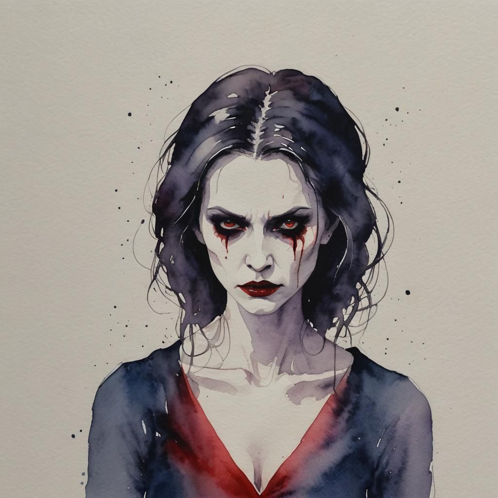 Stressed Vampire Lady in Watercolor Style