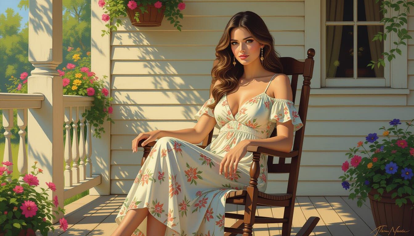 Norman Rockwell Style Woman on Cottage Porch