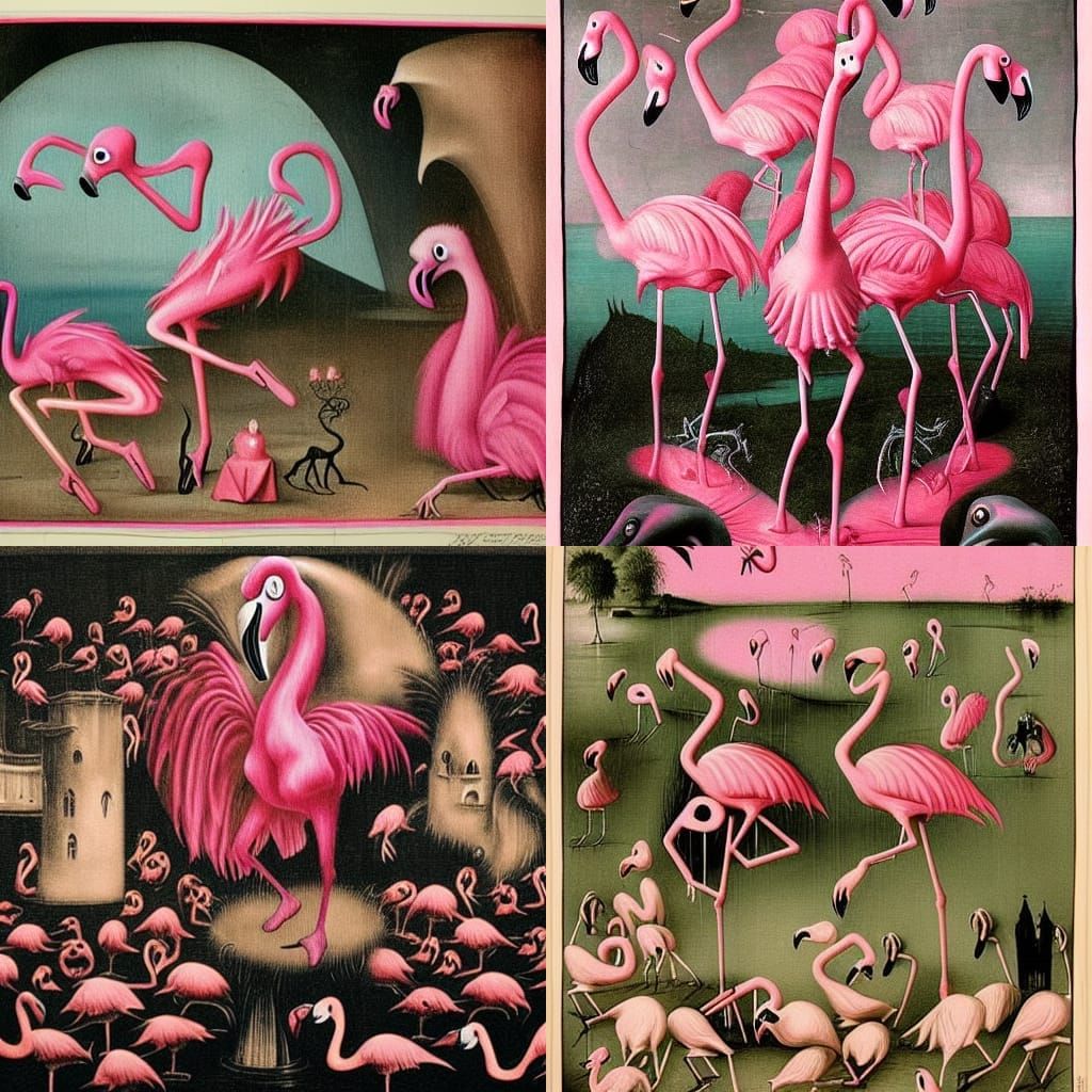 Surreal Demonic Flamingos in Lake, Grotesque Art