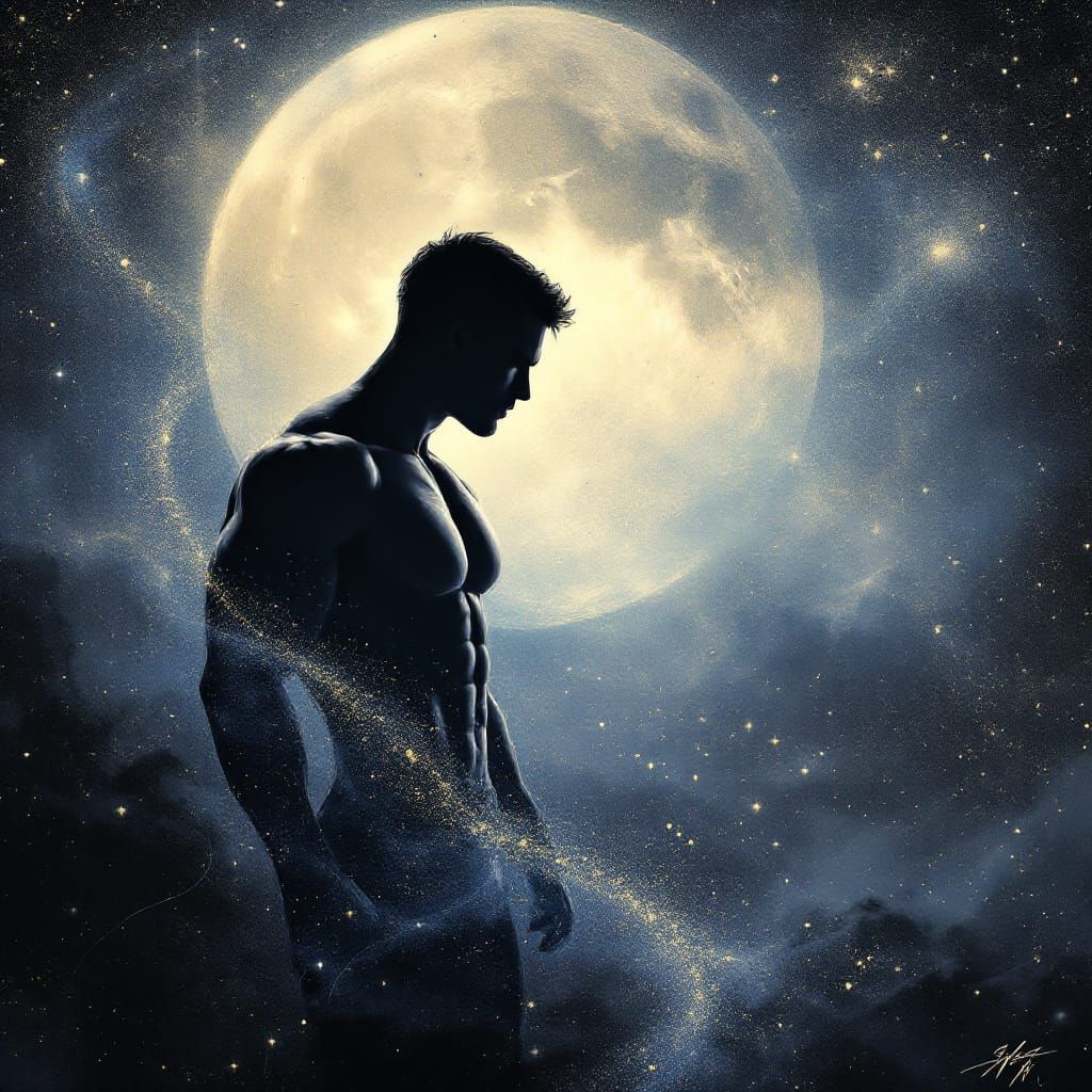 Muscular Man Silhouetted in Celestial Landscape