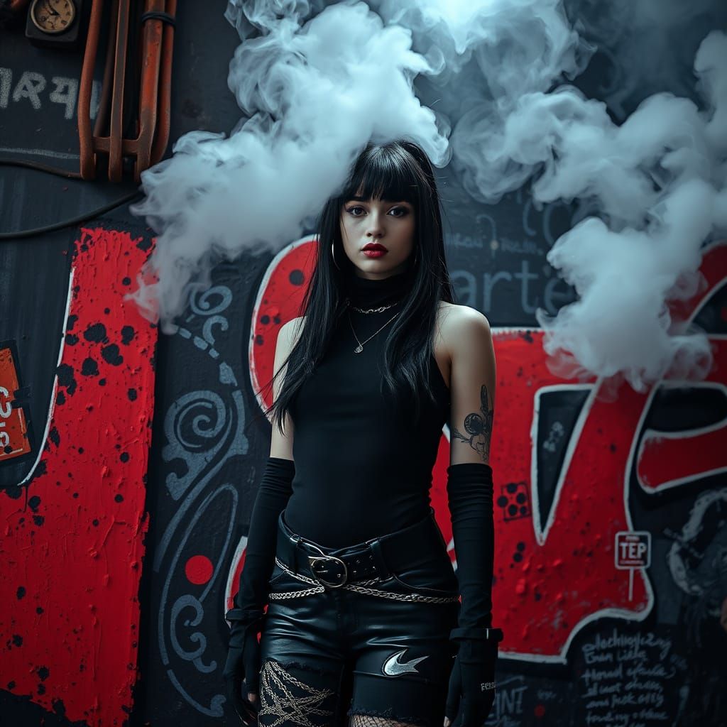 Cyber Goth Model Against Street Art Mural in Urban Realism S...