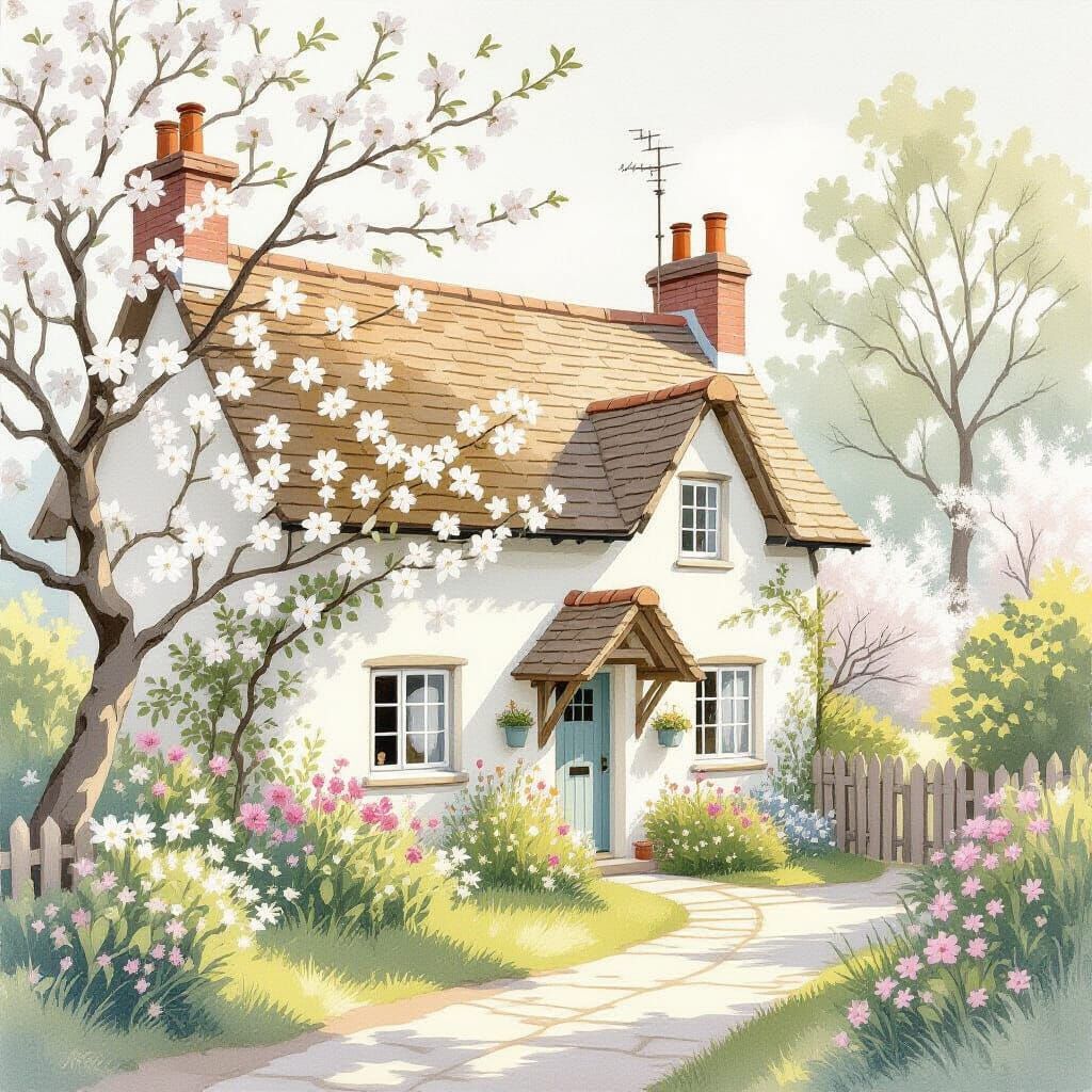 Whimsical Cottage with White Blossoms in Watercolor Style