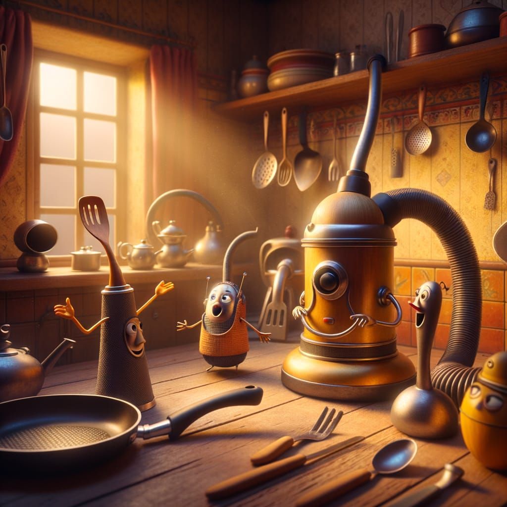 Animated Kitchen Utensils in Cozy Conversation