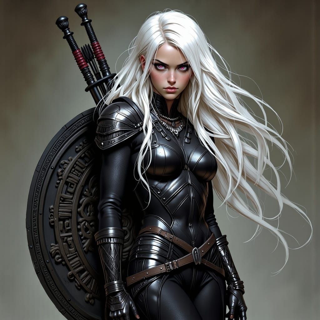 <lora:Wild Beauty:1.0> Photorealistic of an Albinos Woman. She has red eyes, Long flowing white hairs. She is wearing a ...