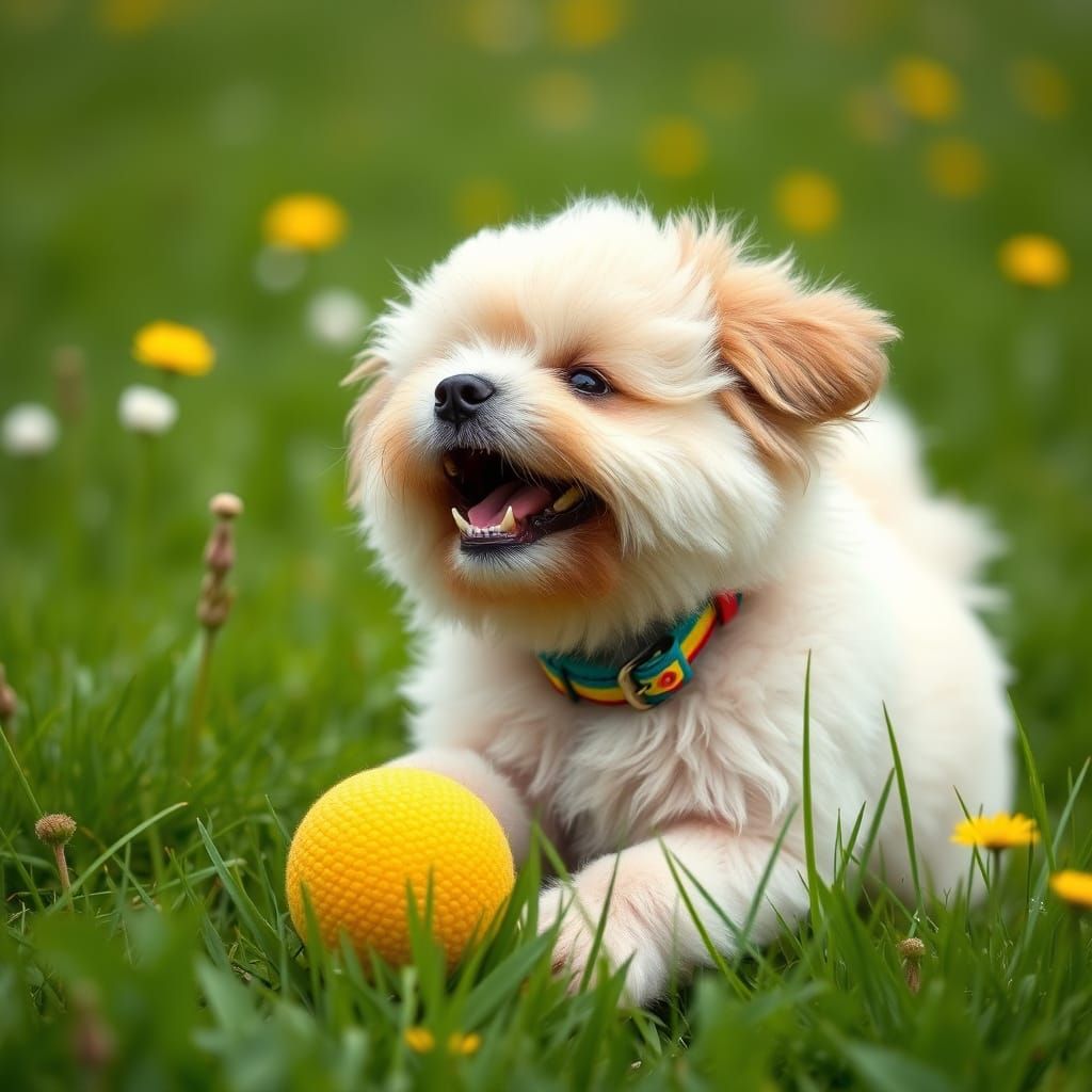Whimsical Dog Plays in Colorful Meadow