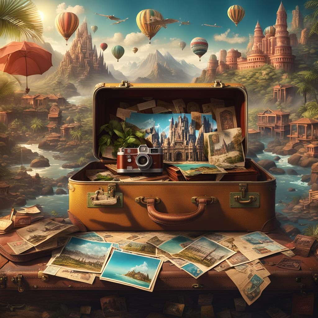 Vintage Suitcase with Travel Stickers and Photos