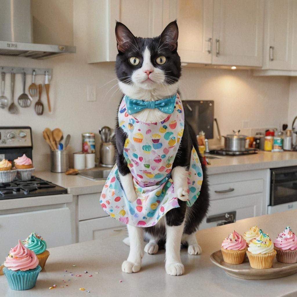 Whimsical Cat Baker Displaying Cupcakes
