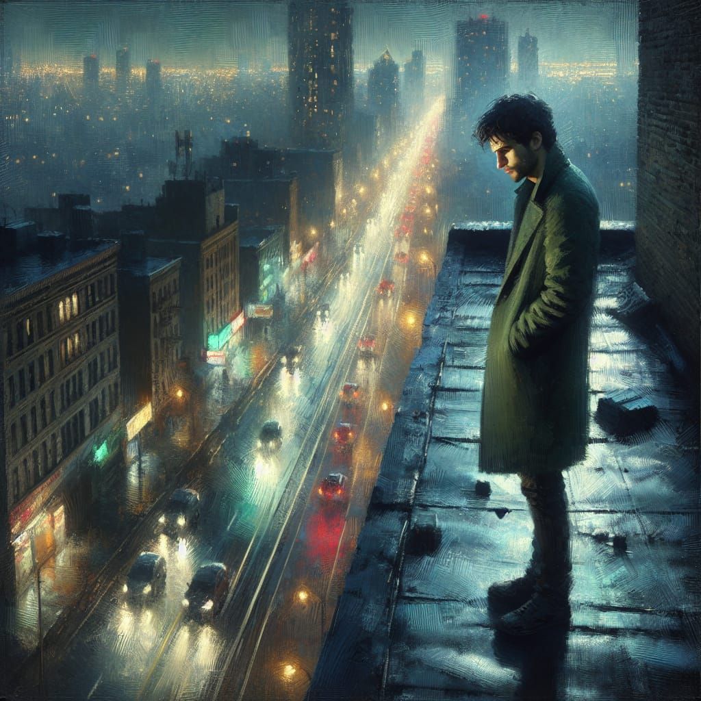 City Rooftop Solitude in Impressionistic Realism