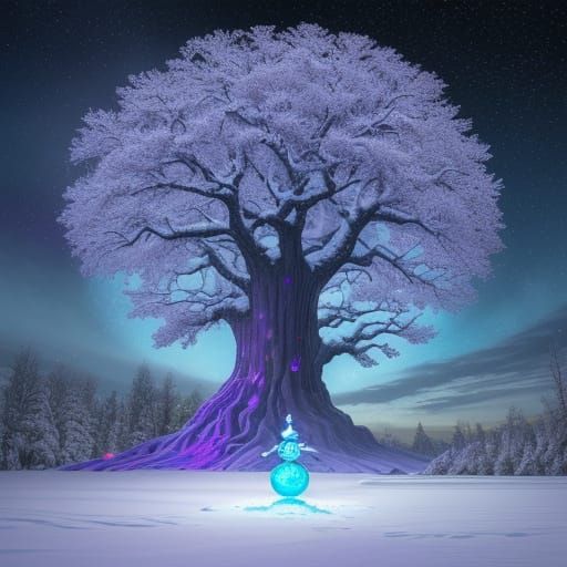 Surreal Winter Landscape with Robot Gardener