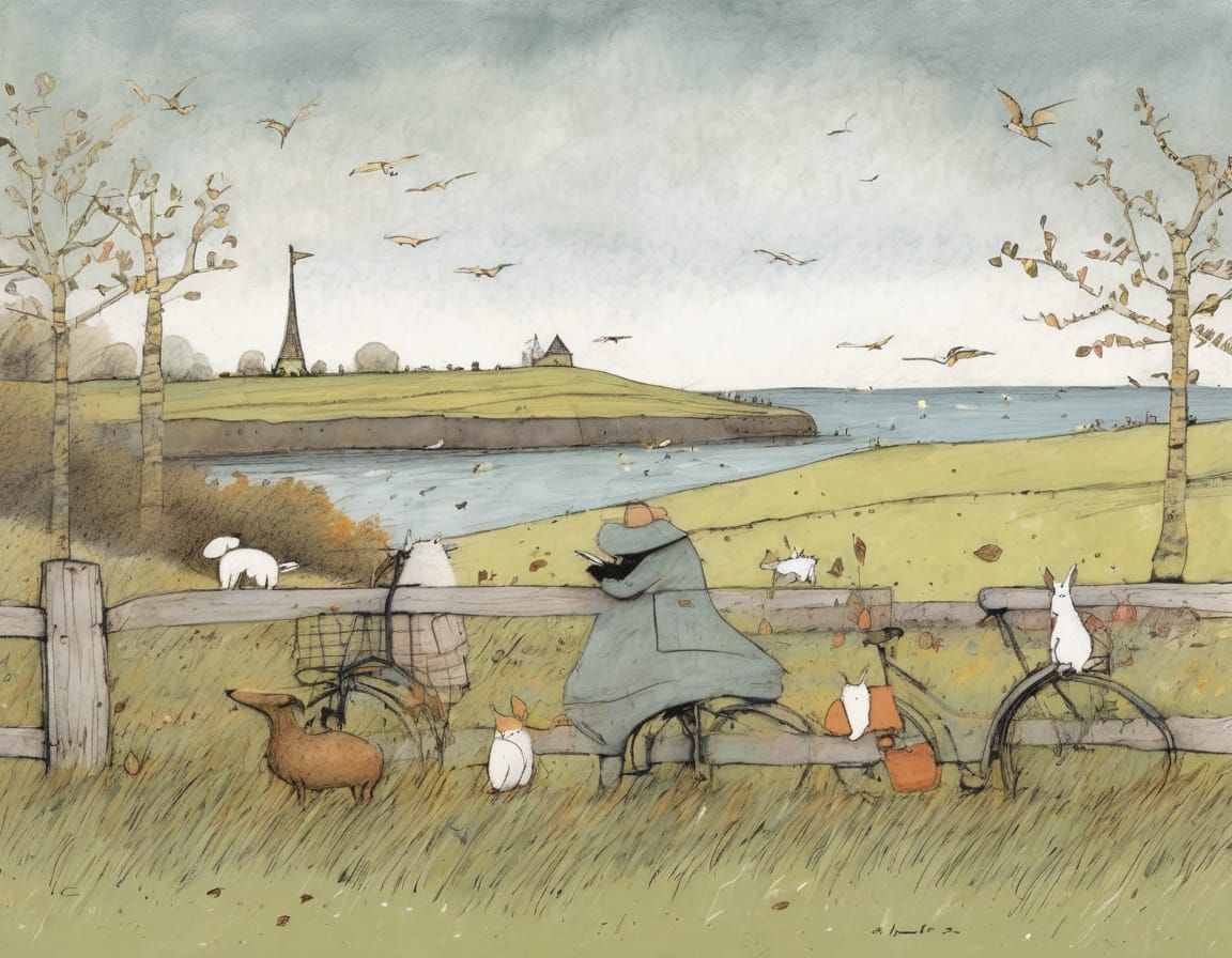 Quaint Beach Scene in Watercolor Style