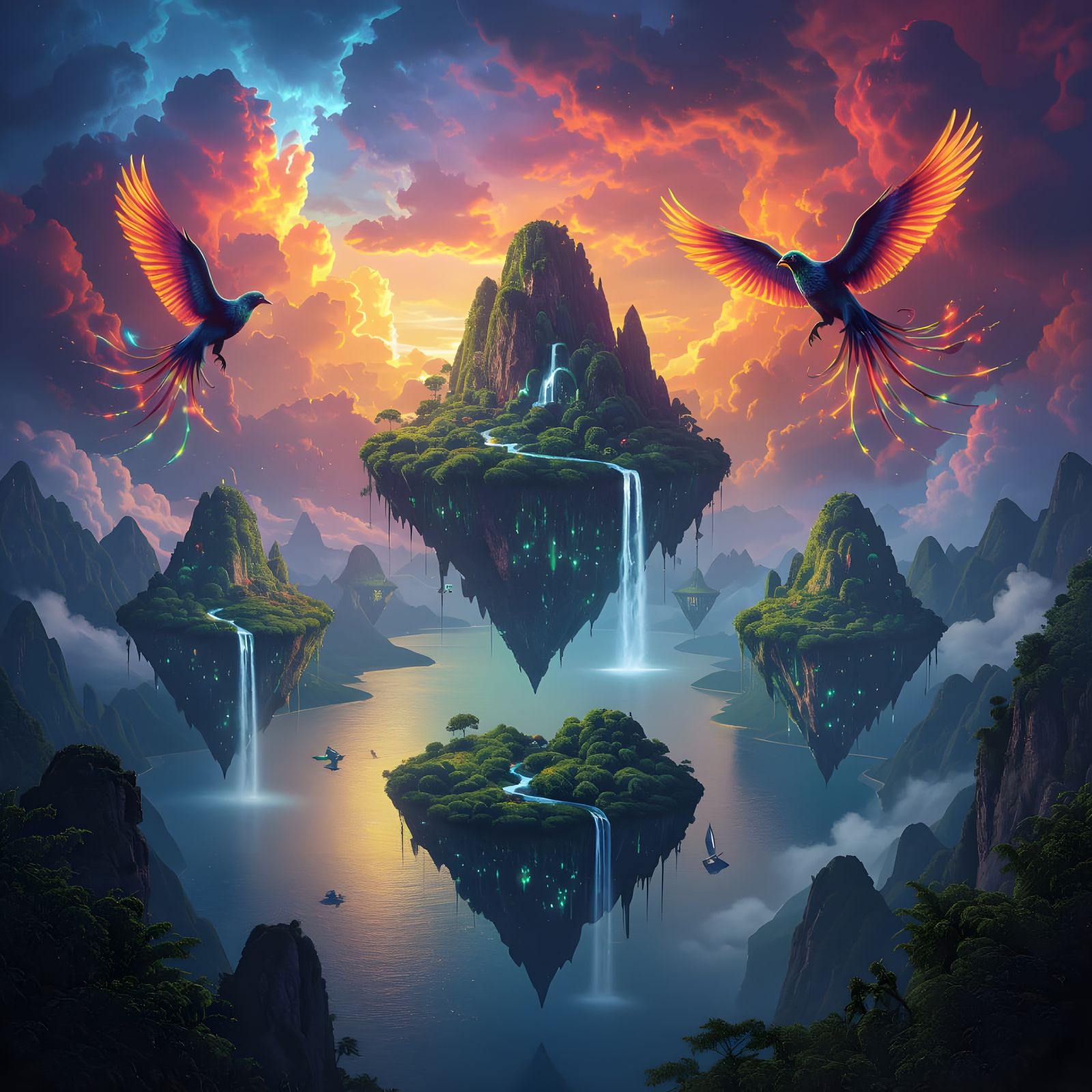 Floating Islands Amidst Neon Stormy Night Sky