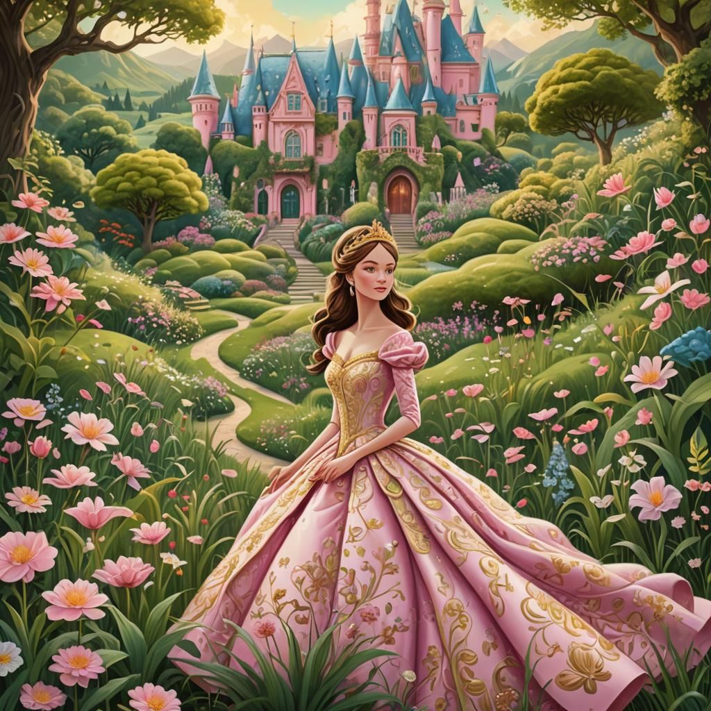 Princess in Pink and Gold Landscape: 2D Illustration